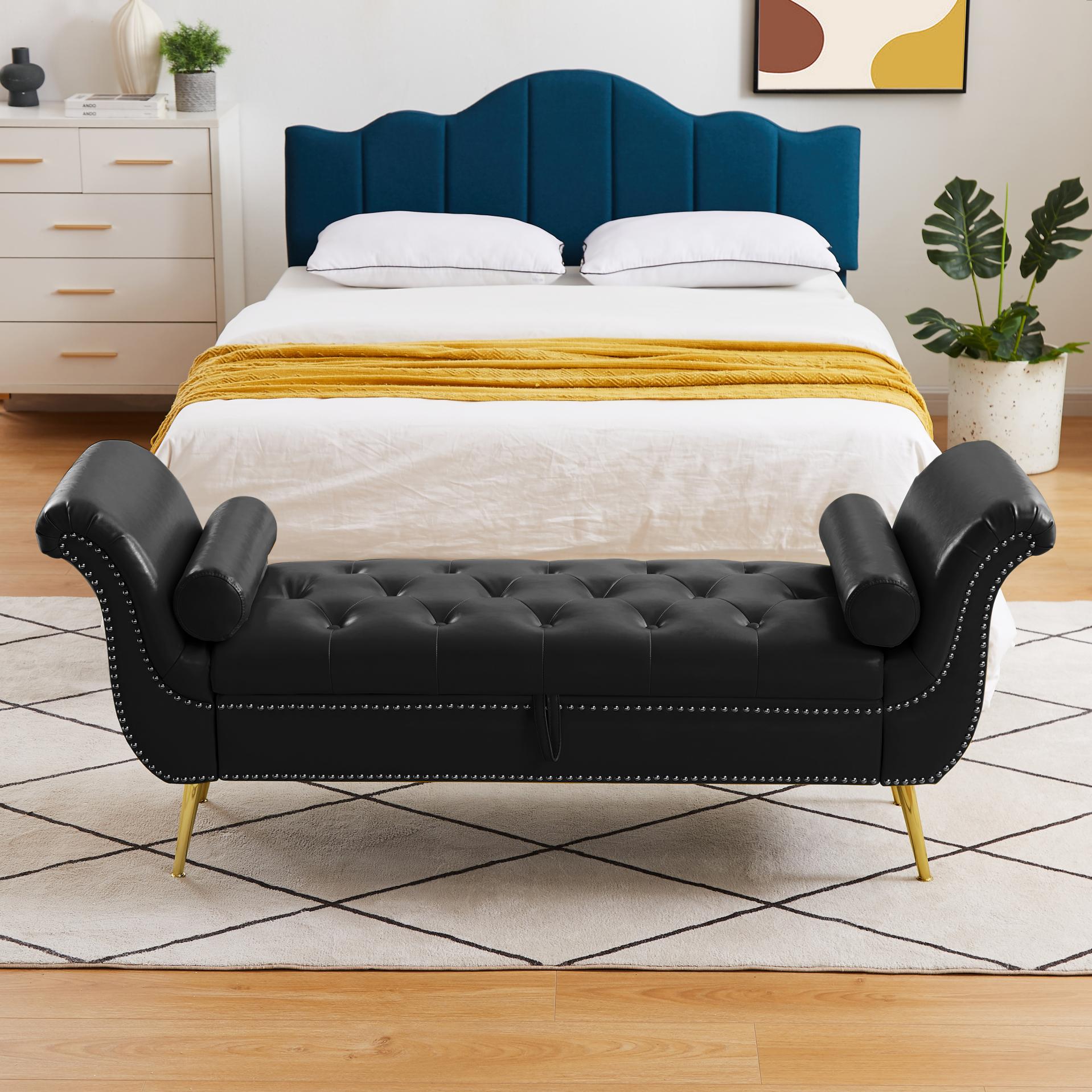 Black, PU Leather, Metal Feet Upholstered Ottoman Bedroom Lounge Ottoman Flip Top Storage Sofa Bench - MONLANE