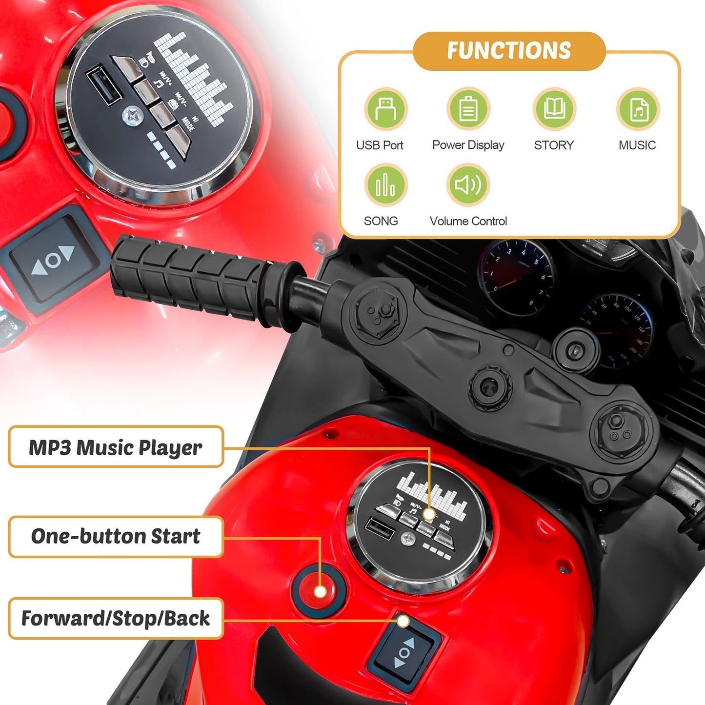 Kids Red Bluetooth Ride On Motorcycle