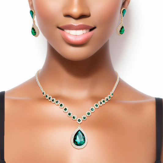 Formal Necklace Green Teardrop Bling Set for Women